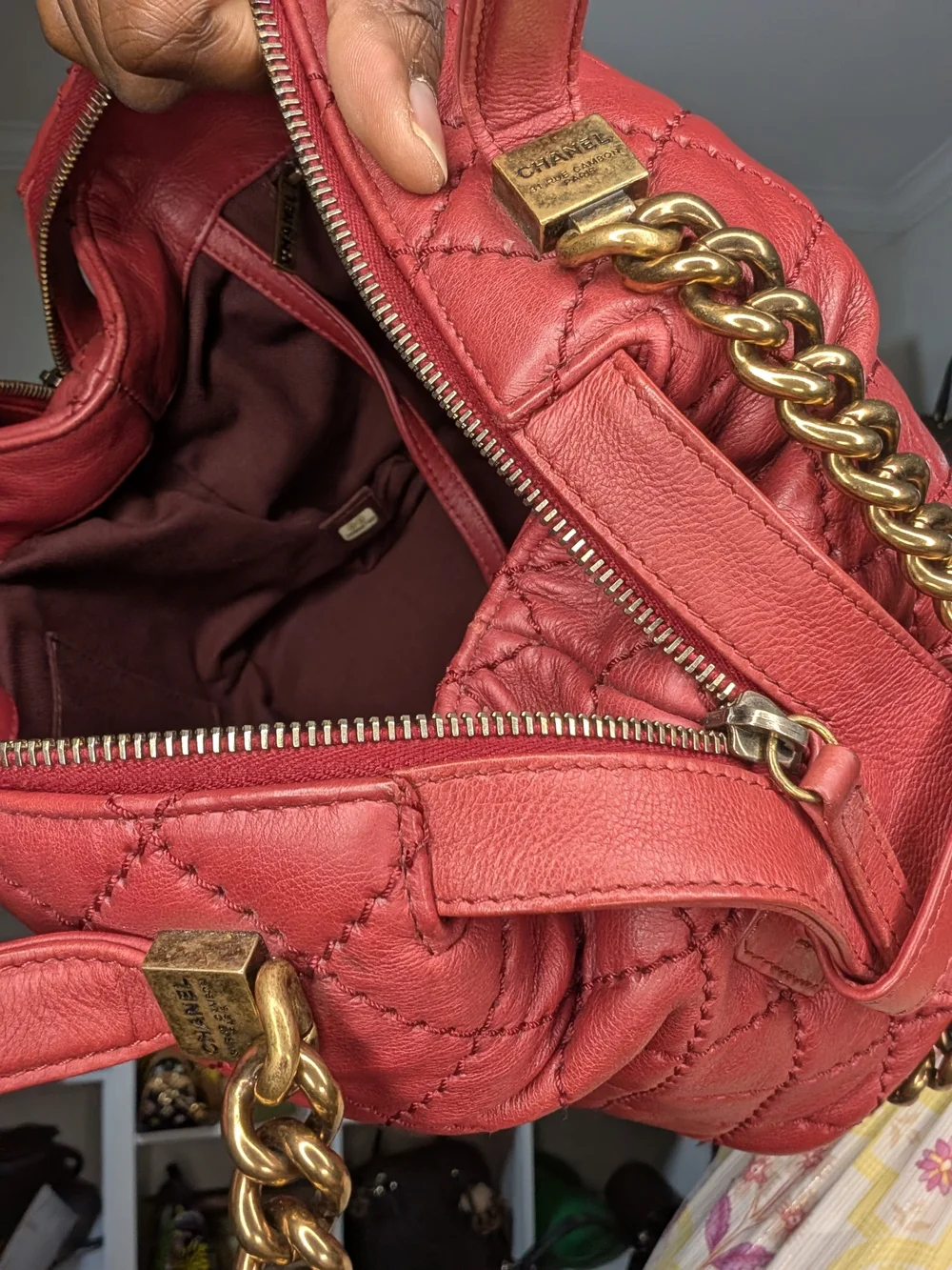 Chanel CC 2 way top handle Quilted Red Shoulder Handbag with bronze Chain